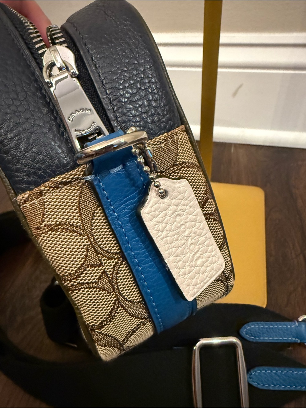 Coach Crossbody Bag in Brown, Black, Cream with Blue Strap Accents - Picture 3 of 9